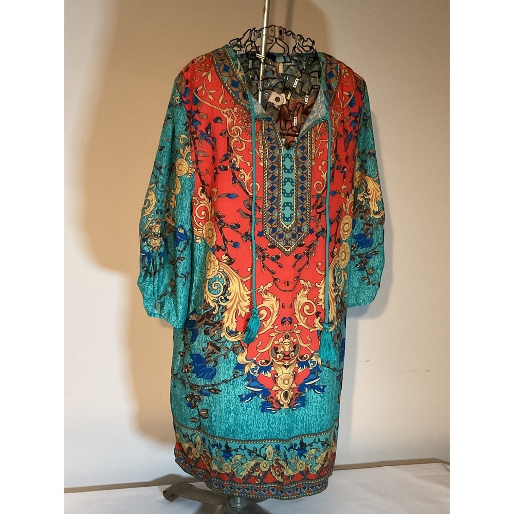Urban CoCo Womens Boho Baroque Floral Tunic Dress Teal Orange Tassel Tie Large‎